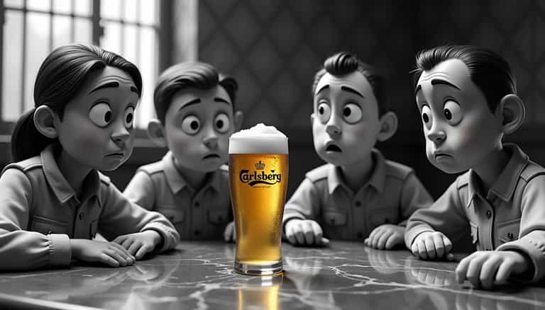 Four animated individuals in uniform are gathered around a Carlsberg beer glass