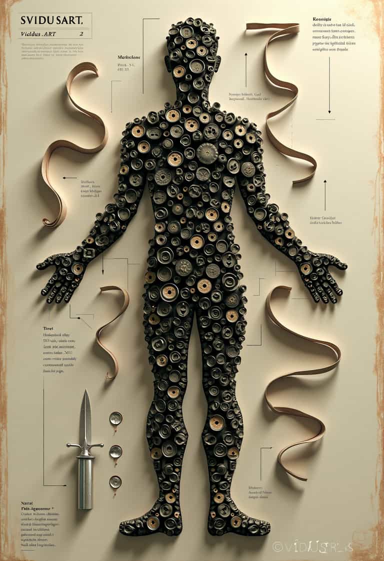 Anatomical Composition of a Human Figure from Buttons and Ribbons, an Artistic Infographic