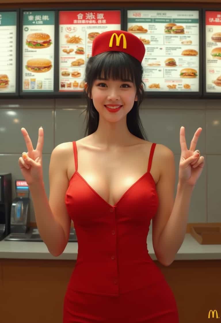 McDonalds Employee in a Red Uniform Makes a Peace Sign