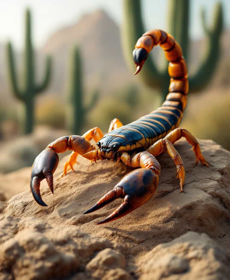 Imposing Desert Scorpion with Cacti Background