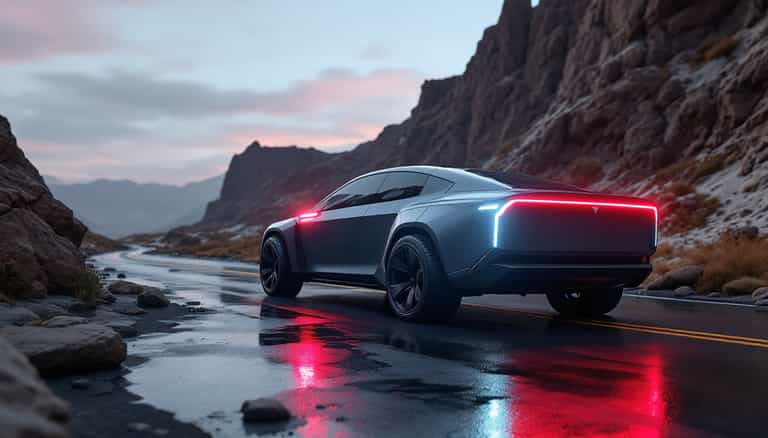 Futuristic Drive Through Mountain Pass at Dusk