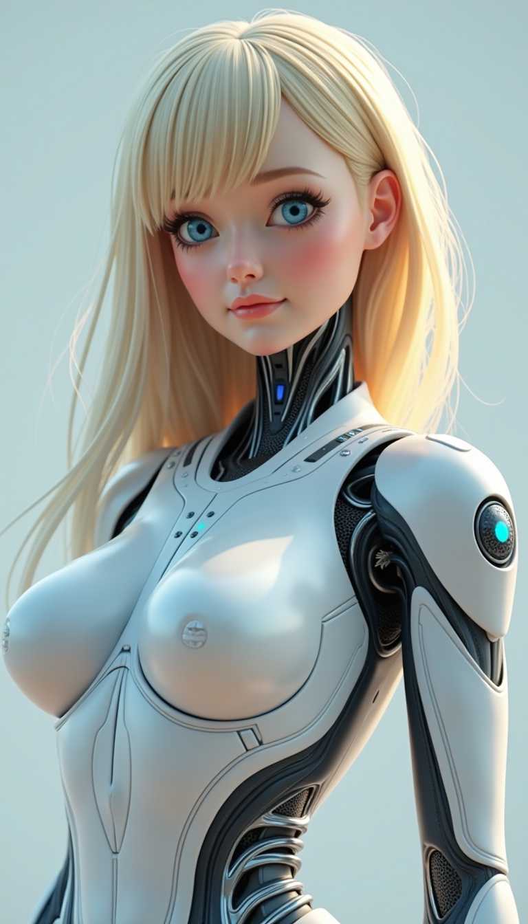AI-generated image: Scifi robot girl haruko agawa, in the style of vray, hyper-realistic, hd 8k 32k uhd, light silver, p
