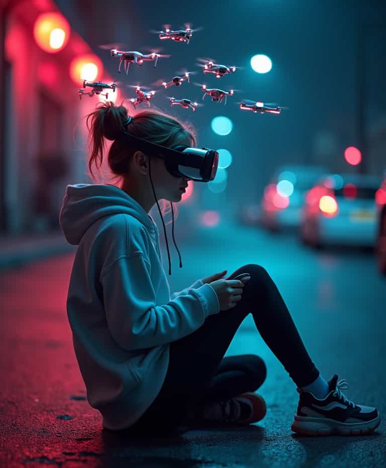 Girl in Hoodie with VR Headset and Surrounding Drones at Night