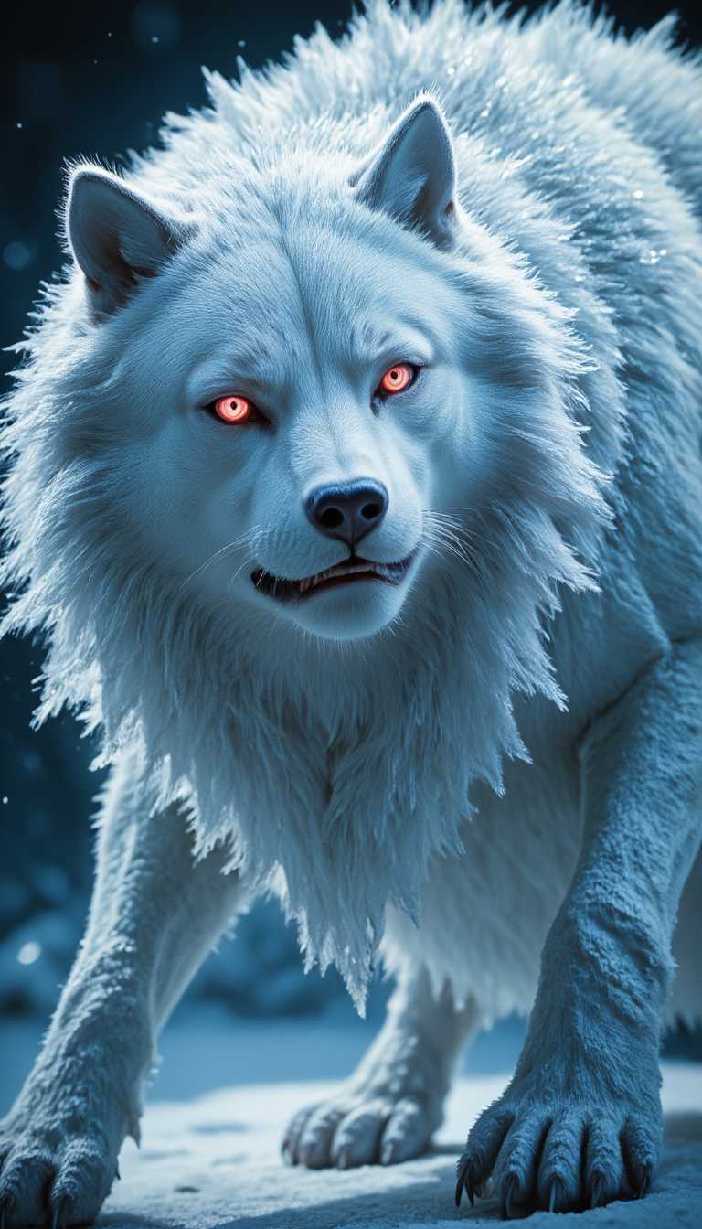 Fierce White Wolf with Red Eyes in a Snowy Landscape