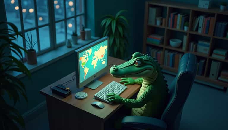 Cute Alligator Character Sitting at Computer Desk with Monitor and Keyboard