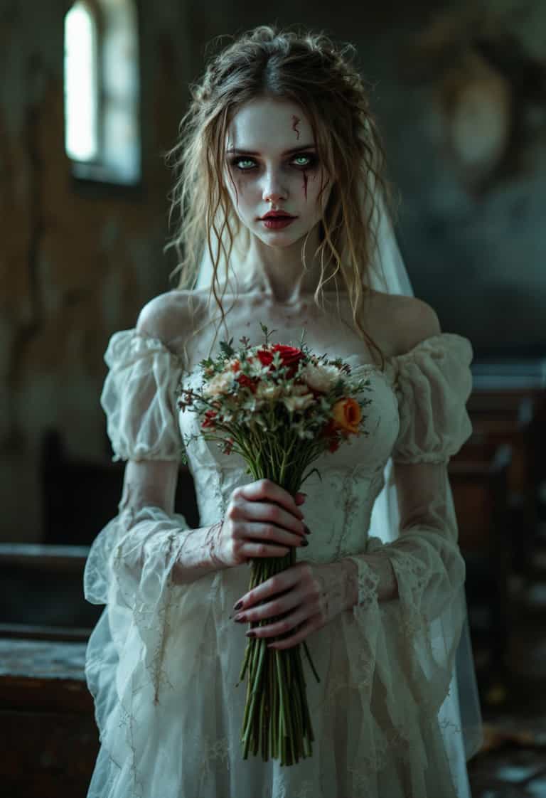 Gothic Bride with Red Flowers Eerie Wedding Photography