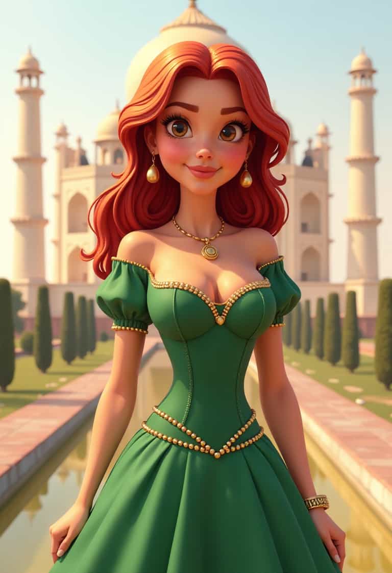 3D Animation Redhaired Princess in Green Dress at Taj Mahal