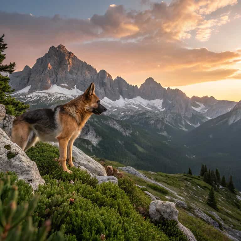 German Shepherd on Mountain Peak at Sunset Majestic Dog Overlooking Alpine Landscape