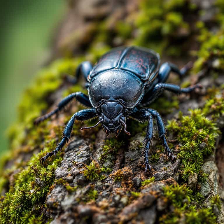 Closeup of a shiny black beetle perched on a mossy tree stump