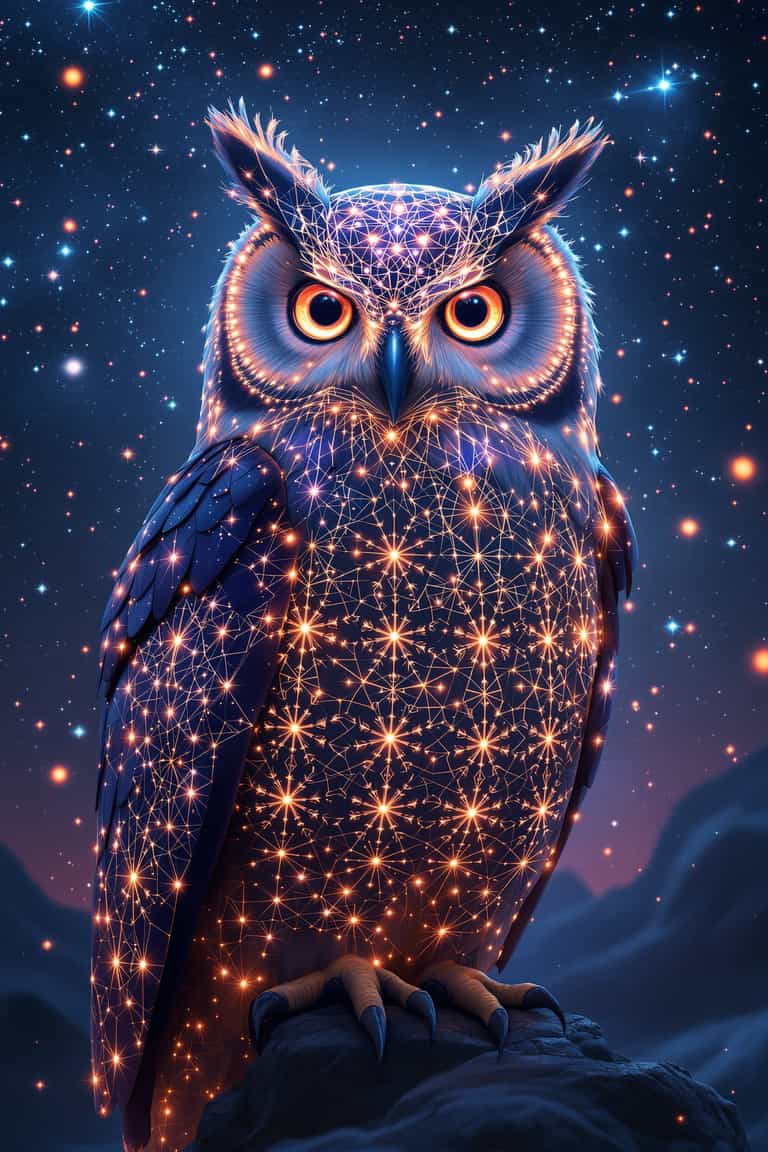 Starry Night Owl Illustration Glowing Owl with Starry Sky Background