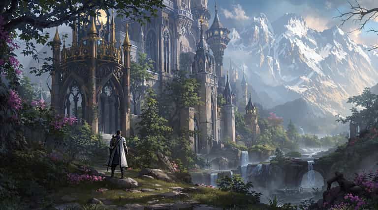 Fantasy Castle in a Mountainous Landscape with Waterfalls and a Lone Figure