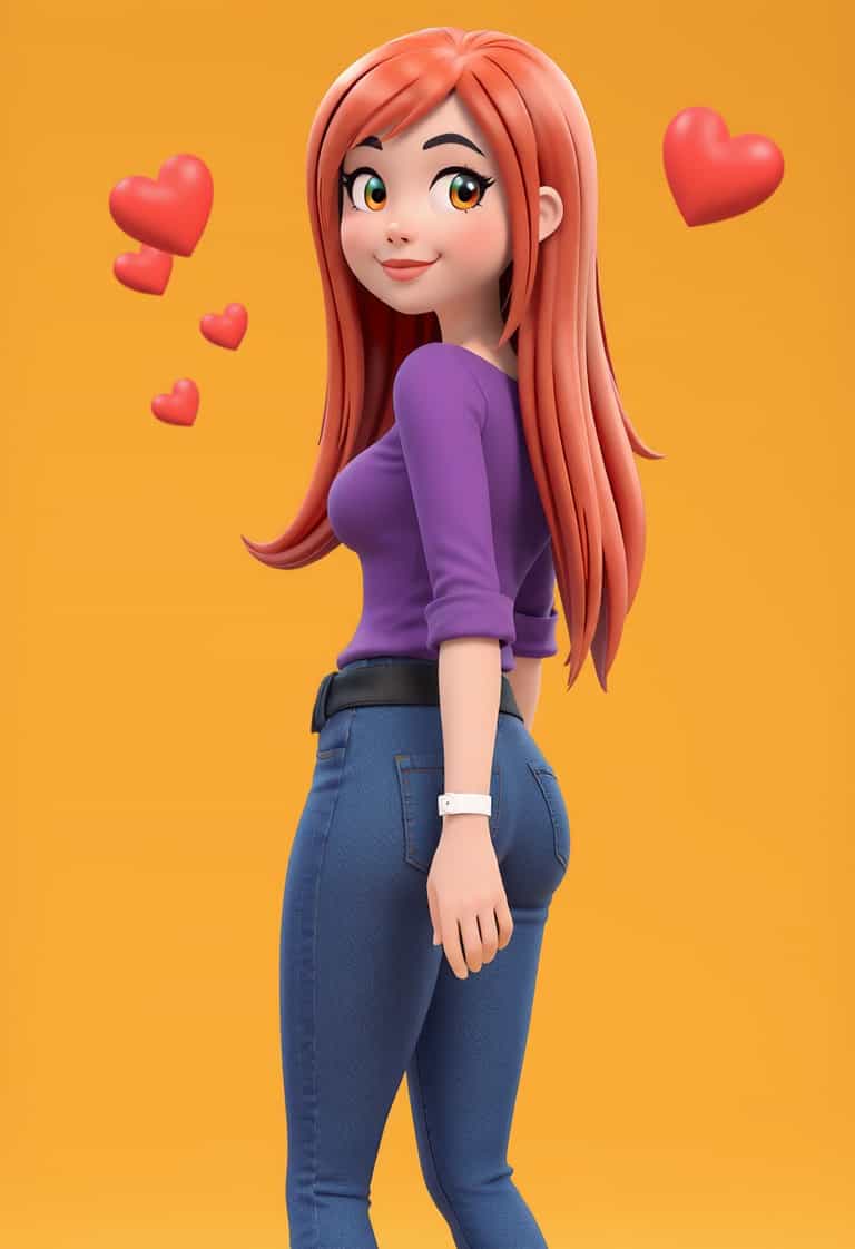 3D Animation Female Character with Red Hair and Purple Shirt, Surrounded by Red Hearts
