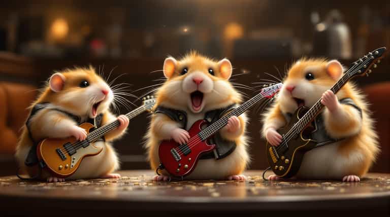 Three Excited Hamsters Playing Guitar