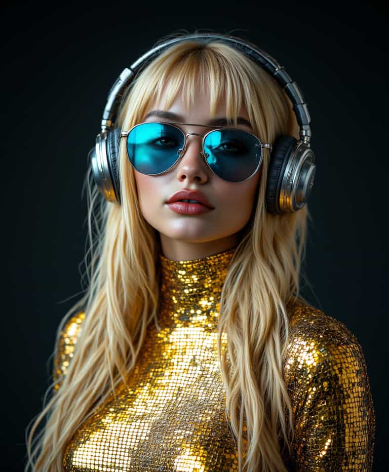 Stylish Woman in Gold Glitter Outfit and Sunglasses