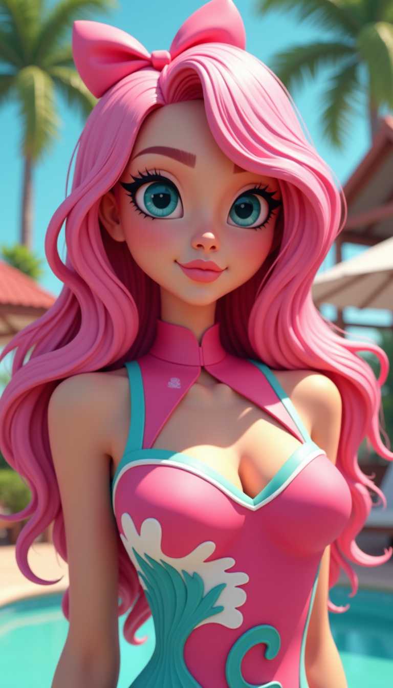 3D Animation PinkHaired Girl in Swimsuit by Poolside