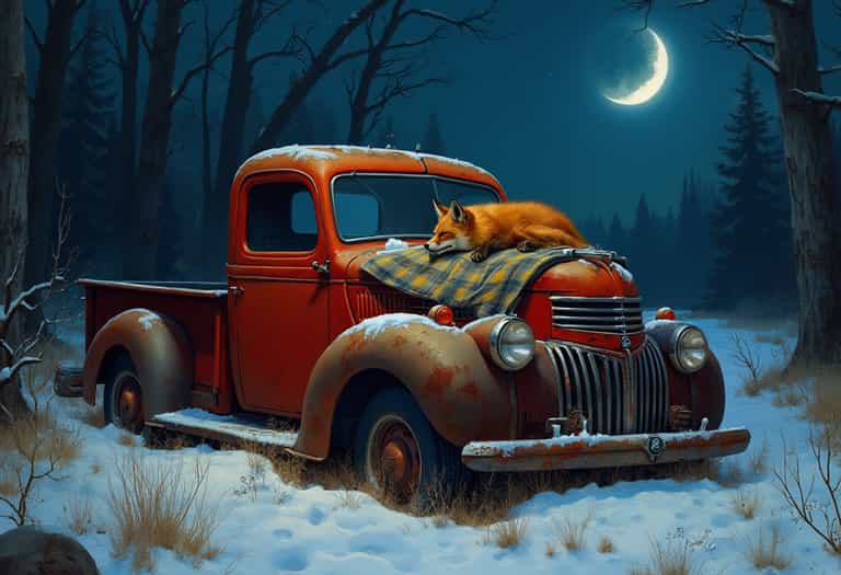 Winter's Rest: Fox and Vintage Truck