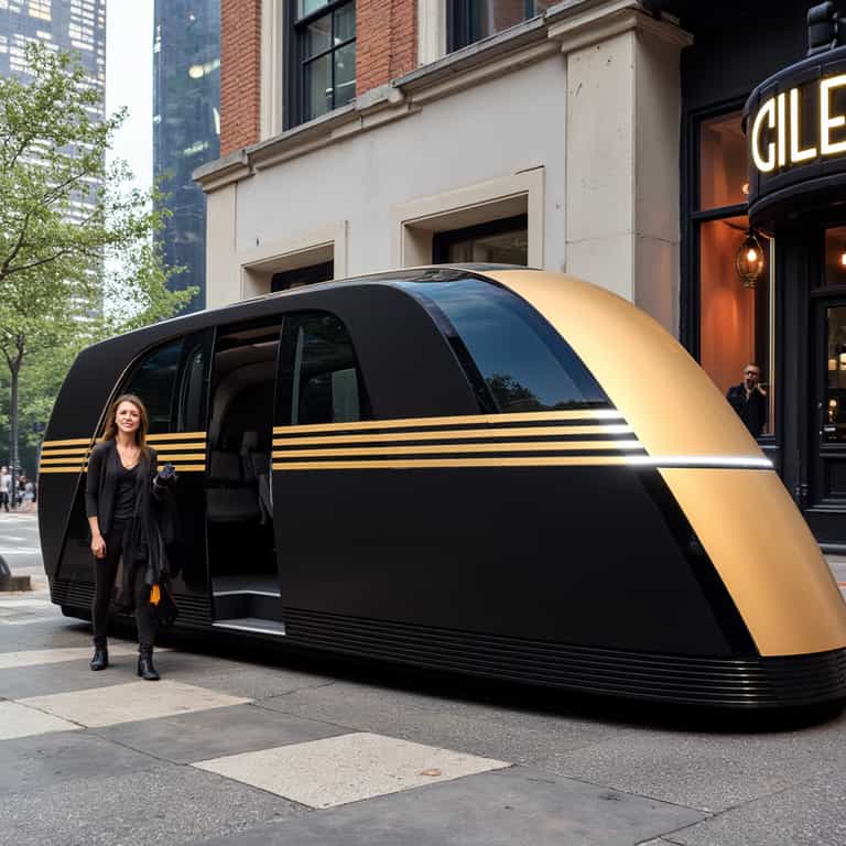 Futuristic Urban Mobility: The Gold-Striped Autonomous Shuttle