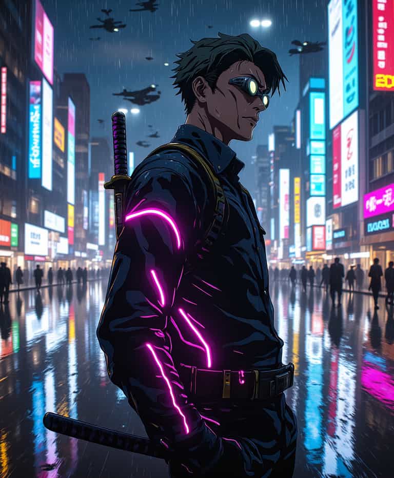 Neon Samurai in the Rain