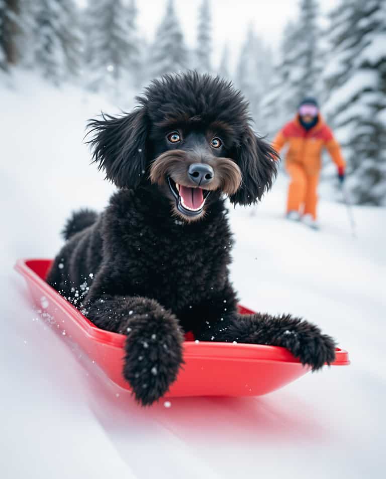 Winter Sledding Adventure with a Joyful Poodle