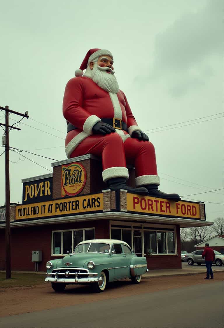 Giant Santa Overlooks Porter Ford Dealership