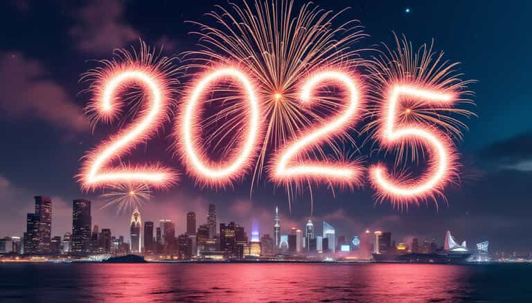 2025 New Year's Fireworks Over City Skyline