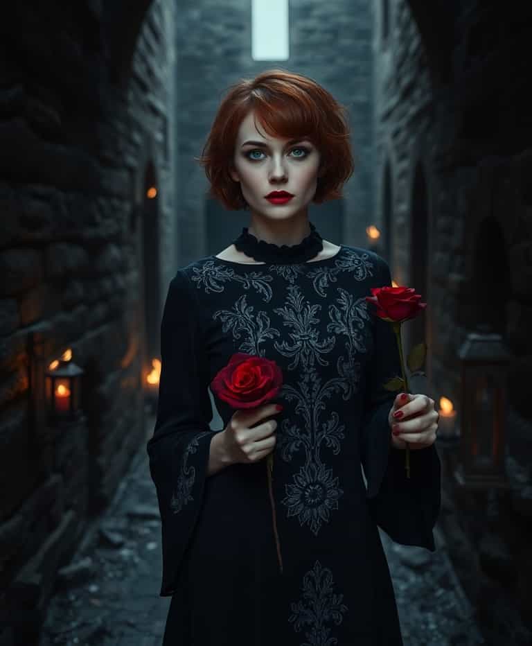 **The Rose Bearer in the Gothic Hallway**