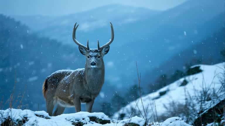 Snowy Solitude: The Watchful Deer