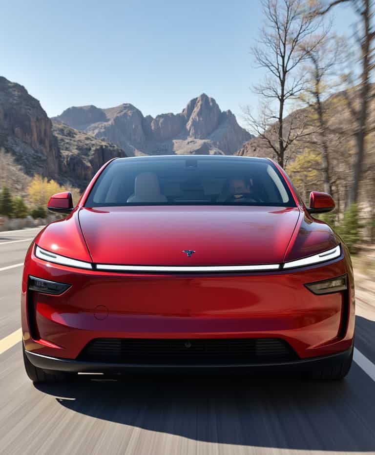 Red Electric Car on Scenic Mountain Road