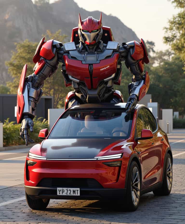 Futuristic Guardian: Robot and Electric Car