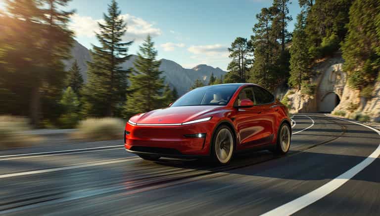 Red Electric Car on Mountain Road