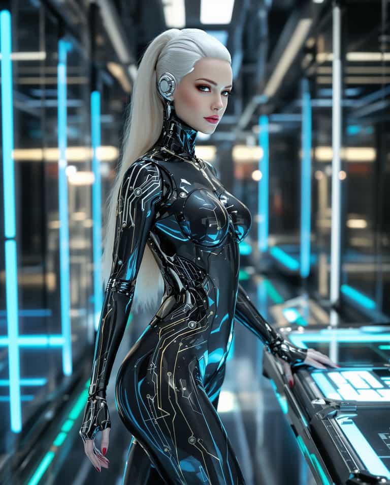 Futuristic Cyborg in High-Tech Corridor