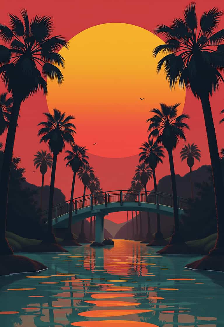 Sunset Over the Palm-Lined Bridge