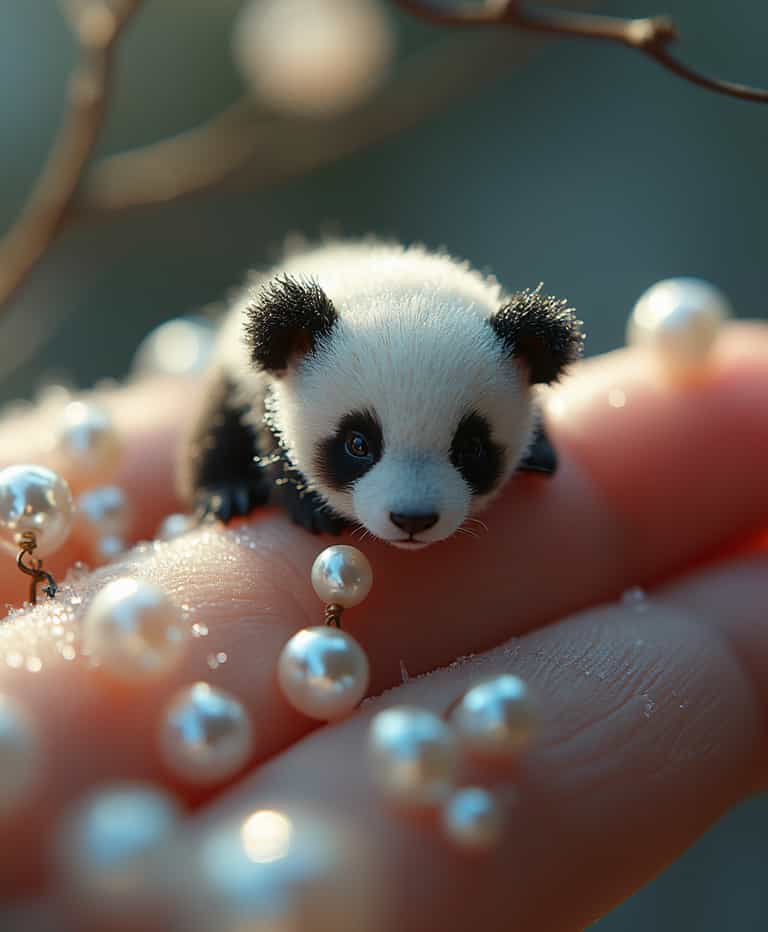 Whimsical Miniature Panda on Pearl-Adorned Hand
