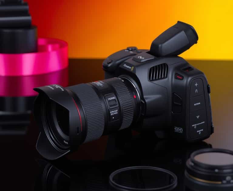Vibrant Showcase: Cinema Camera with Colorful Accessories