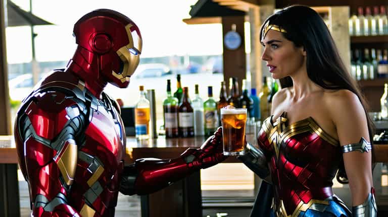 **Superhero Toast: Iron Man and Wonder Woman at the Bar**