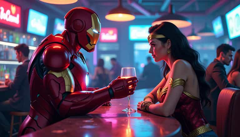 Neon Night at the Bar: Iron Man and Wonder Woman