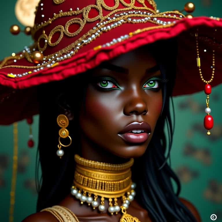**Regal Elegance: Portrait of a Woman in Red and Gold**