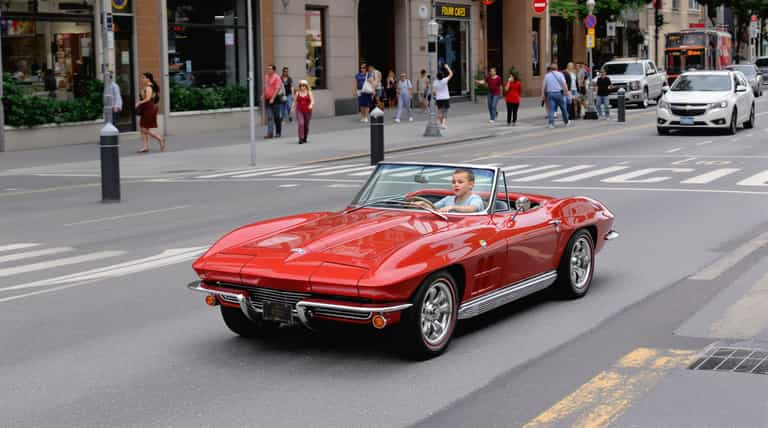 Classic Red Convertible in Urban Motion