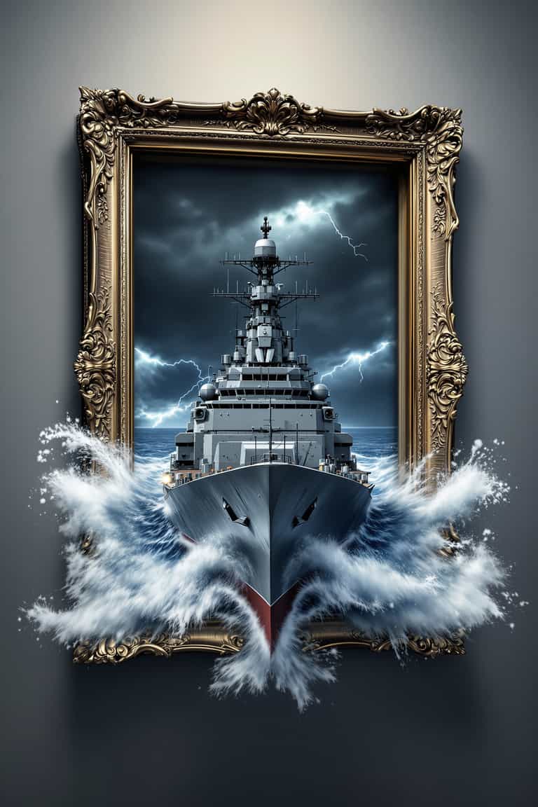 **Warship Breaking Through the Frame**