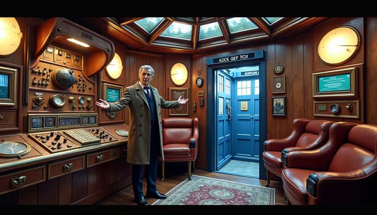 Steampunk Control Room with Mysterious Blue Door
