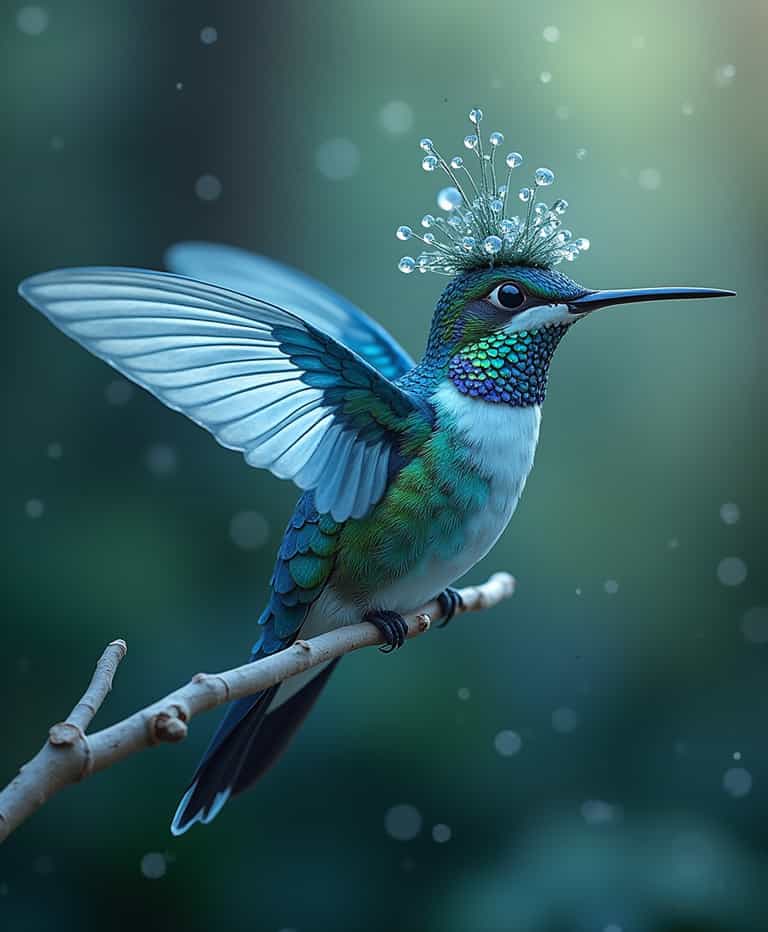 Whimsical Hummingbird with Water Droplet Crown