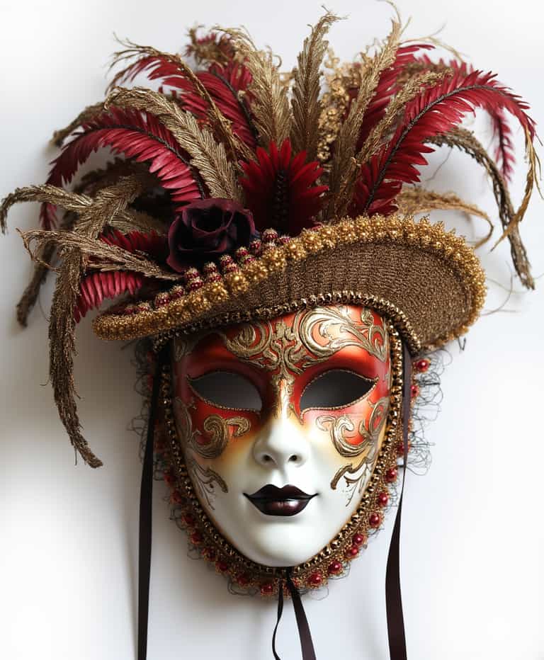 Opulent Baroque Masquerade Mask with Feathers and Rose