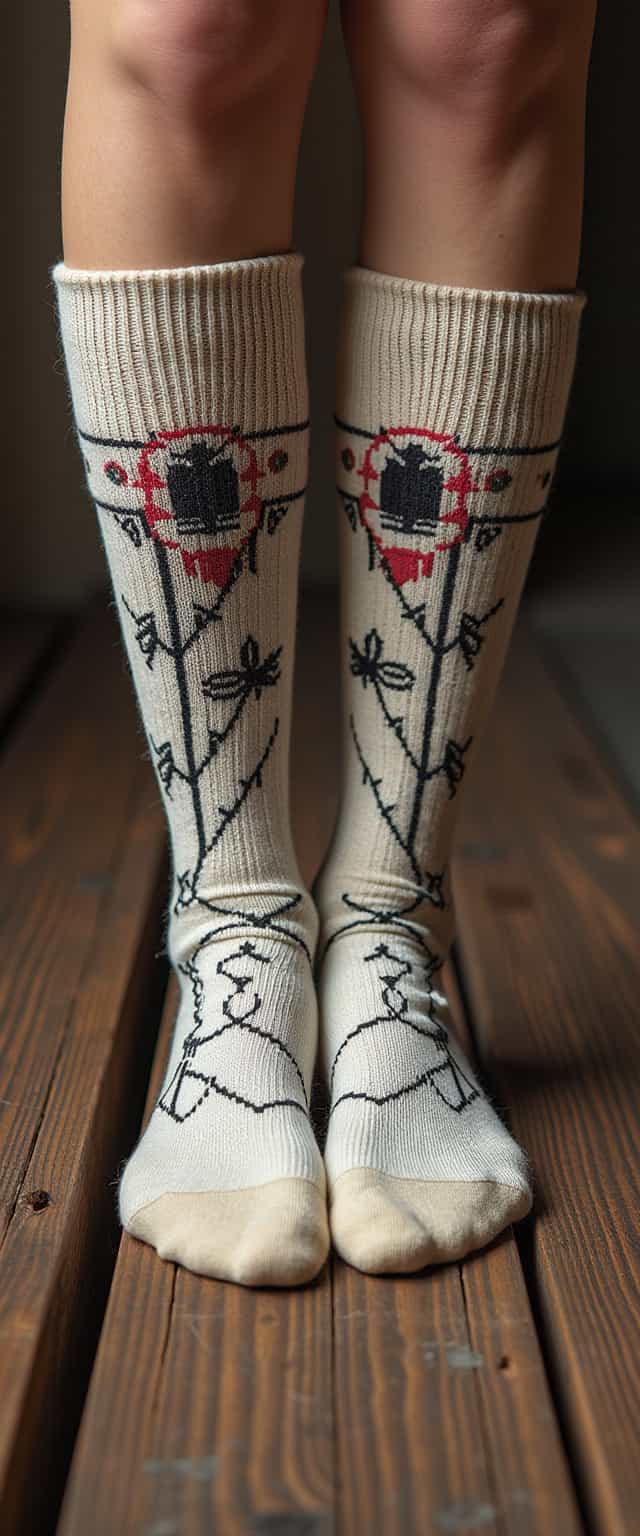 Intricately Patterned Socks on Wooden Planks