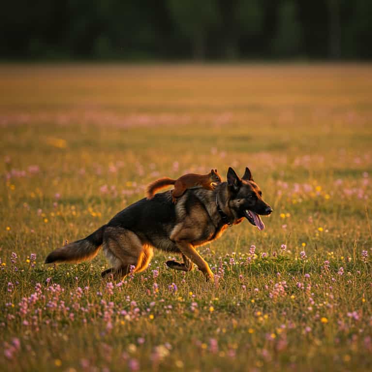 **Golden Hour Adventure: Squirrel and Dog in the Wildflowers**