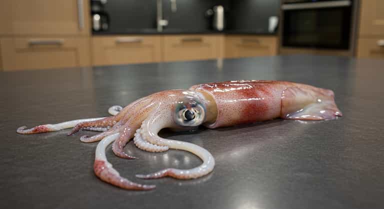 Fresh Squid on Modern Kitchen Countertop