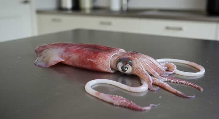 Squid on a Stainless Steel Countertop