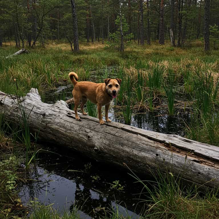 Dog on a Log in Marshy Forest