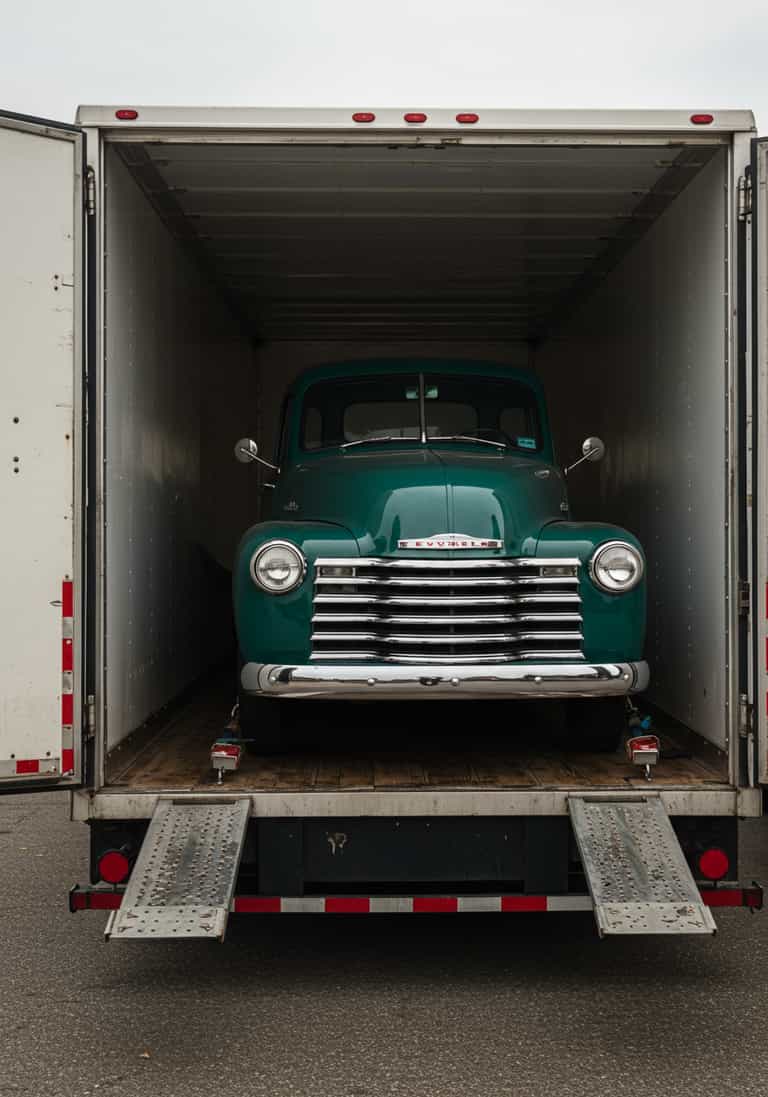 Classic Green Truck in Modern Transit