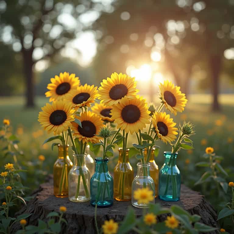 Sunflowers in Vintage Bottles at Golden Hour