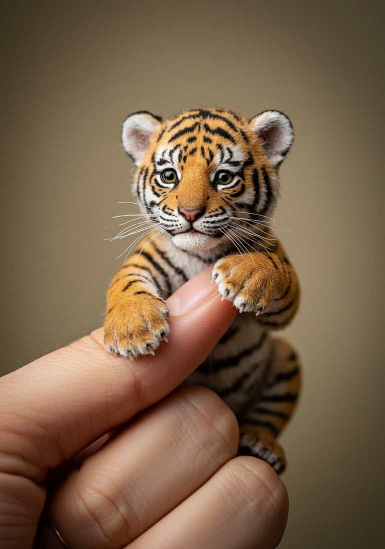 Curious Miniature Tiger on Human Finger